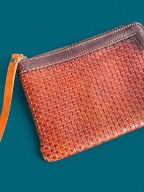Woven Leather Wristlet Clutch in Burnt Orange